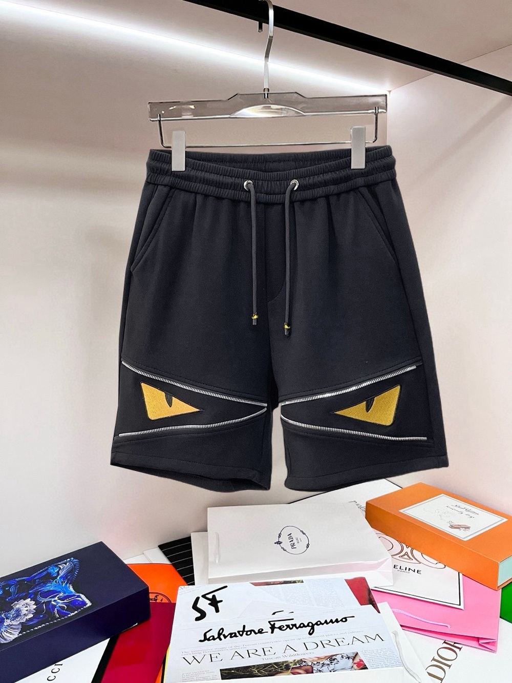 Fendi Black Athletic Drawstring Shorts with Yellow Eye Detail